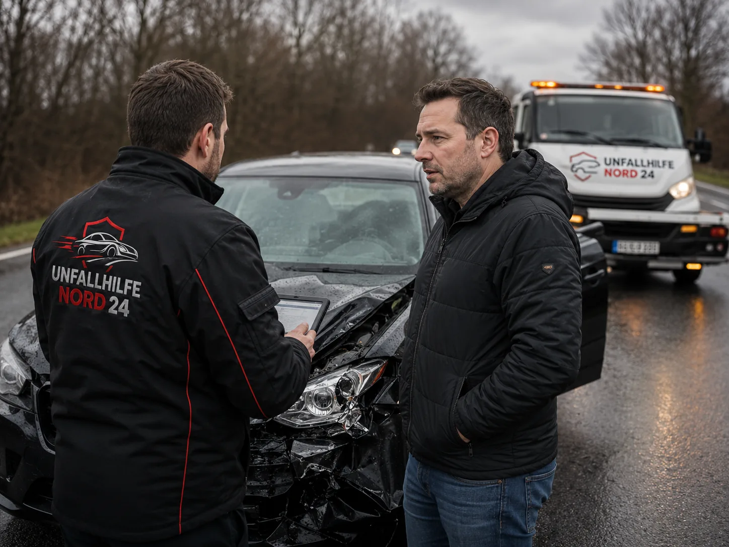 Abgesicherte Unfallstelle an einer Straße in Norddeutschland mit beschädigtem Fahrzeug