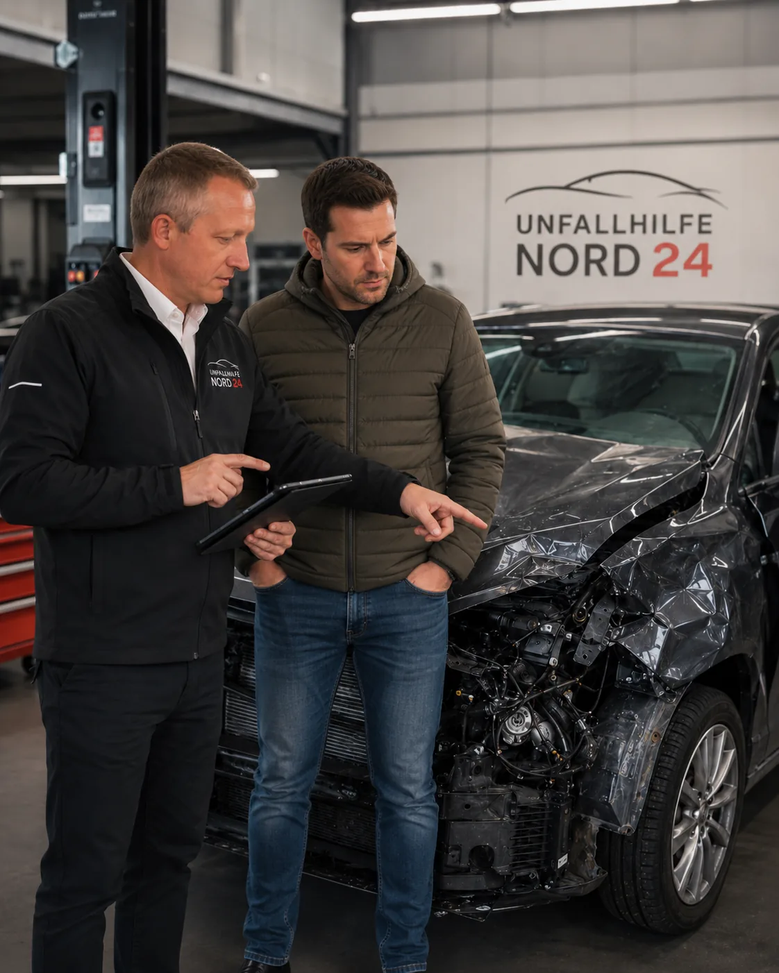 Kfz-Sachverständiger erläutert dem Geschädigten das Schadensgutachten am Tablet vor dem Unfallfahrzeug