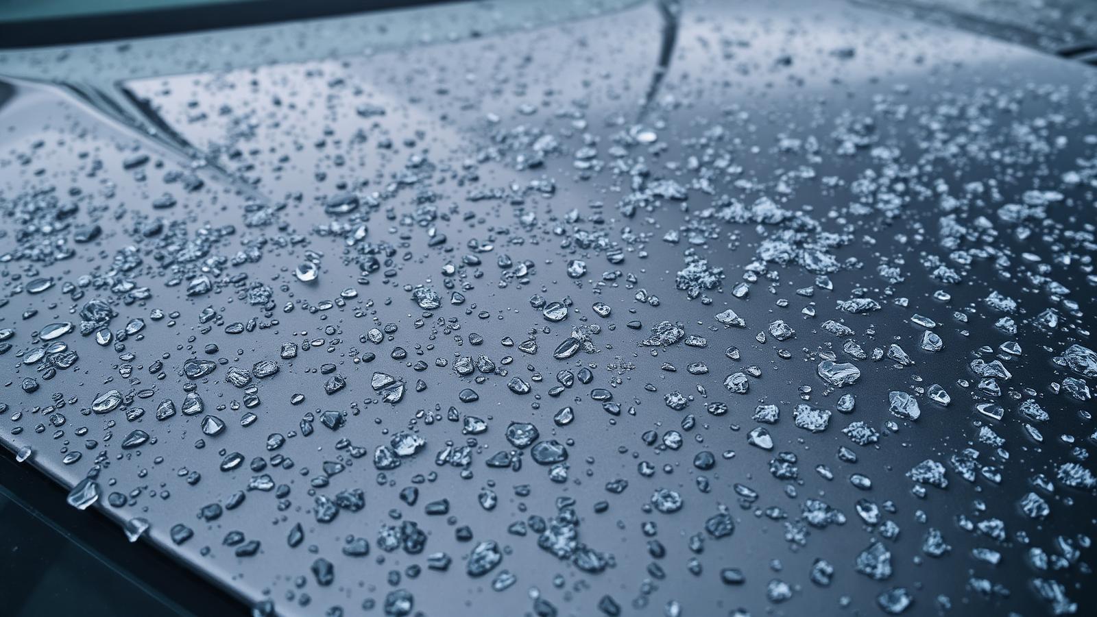 Auto mit Hagelschaden – Dellen und Hagelkörner auf der Motorhaube