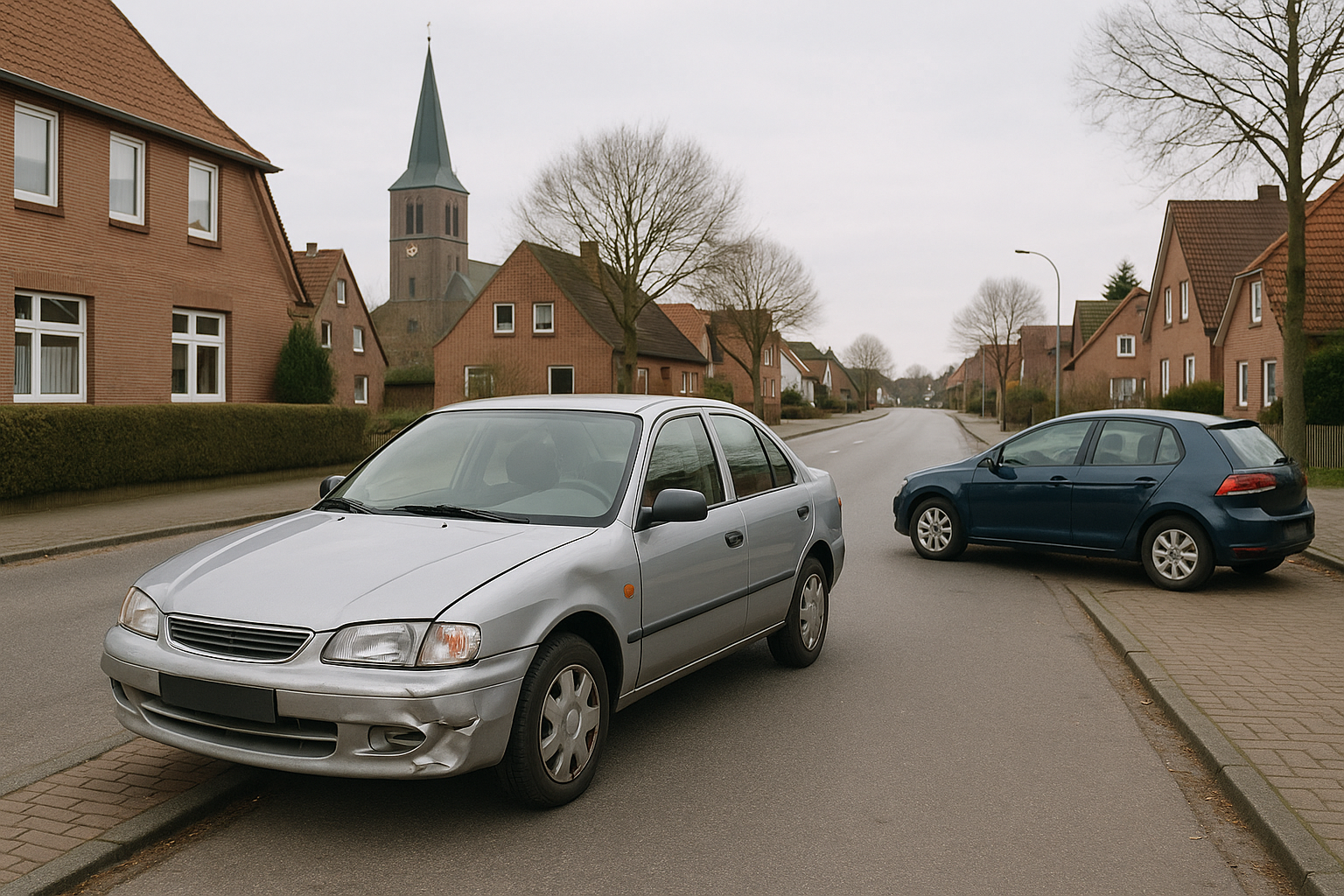 Zwei parkende Autos, eines mit sichtbarer Beule, auf einer ruhigen Straße in Norddeutschland, symbolisiert einen kleinen Unfall.