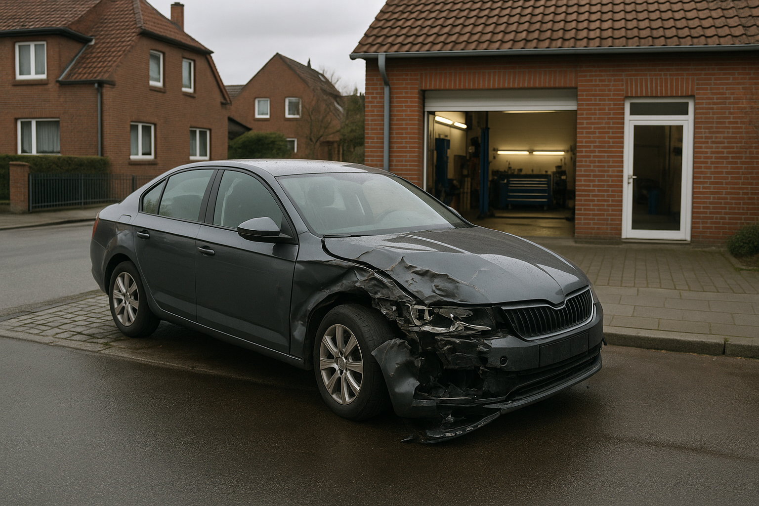 Ein beschädigtes Auto steht auf einer Straße in Norddeutschland, eine Werkstatt ist im Hintergrund sichtbar.