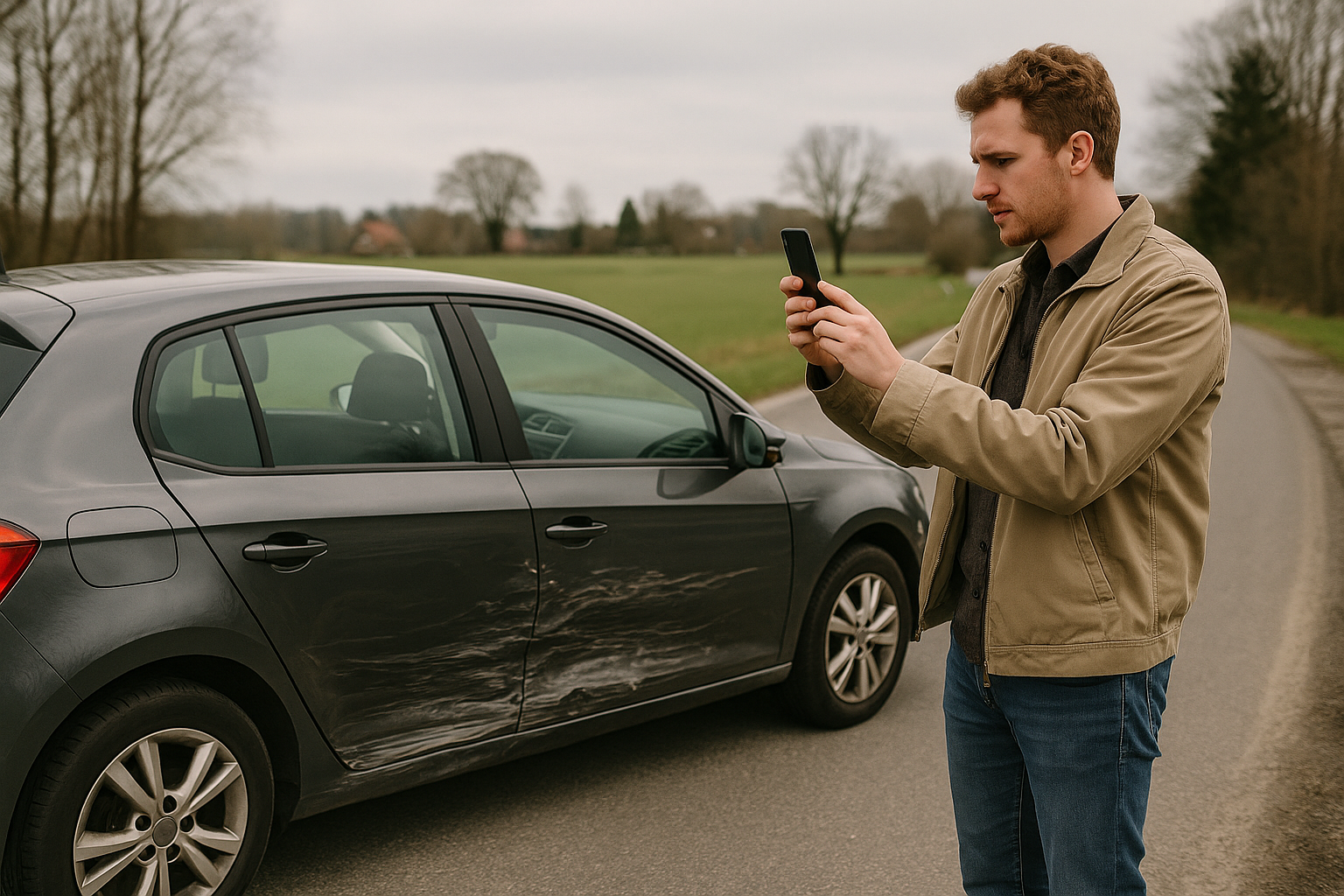 Ein Auto mit leichten Seitenschäden am Straßenrand in Norddeutschland, Fahrer dokumentiert den Unfall mit einem Smartphone.