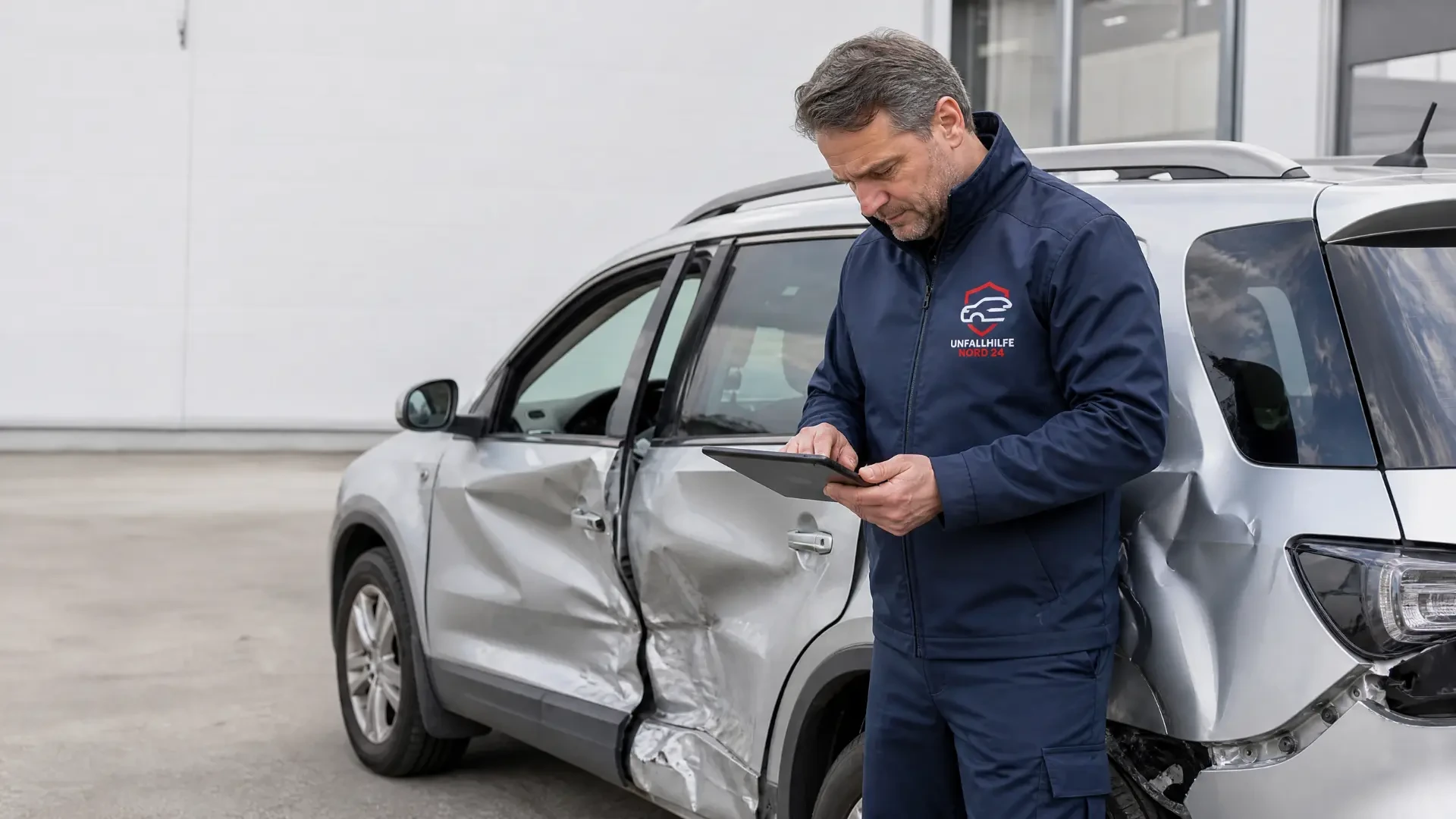Sachverständiger von Unfallhilfe Nord 24 in dunkelblauer Jacke dokumentiert mit einem Tablet den Seitenschaden an einem silbernen SUV