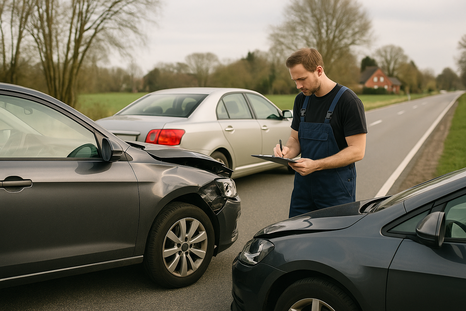 Zwei geparkte Autos nach einem Unfall in Norddeutschland, ein Mechaniker dokumentiert die Schäden.