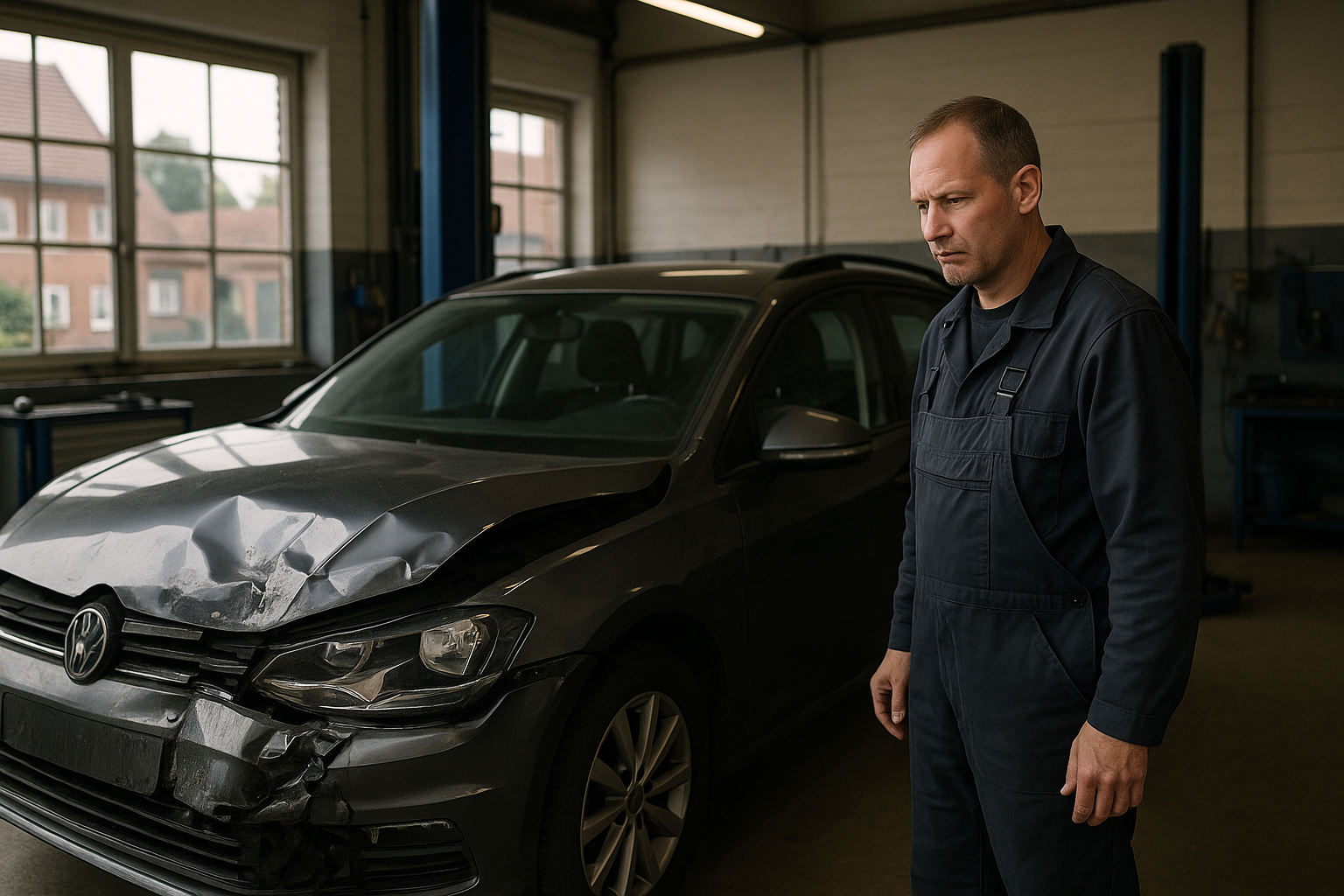 Ein Auto wird in einer norddeutschen Werkstatt nach einem Unfall von einem Mechaniker auf seinen Wert überprüft.
