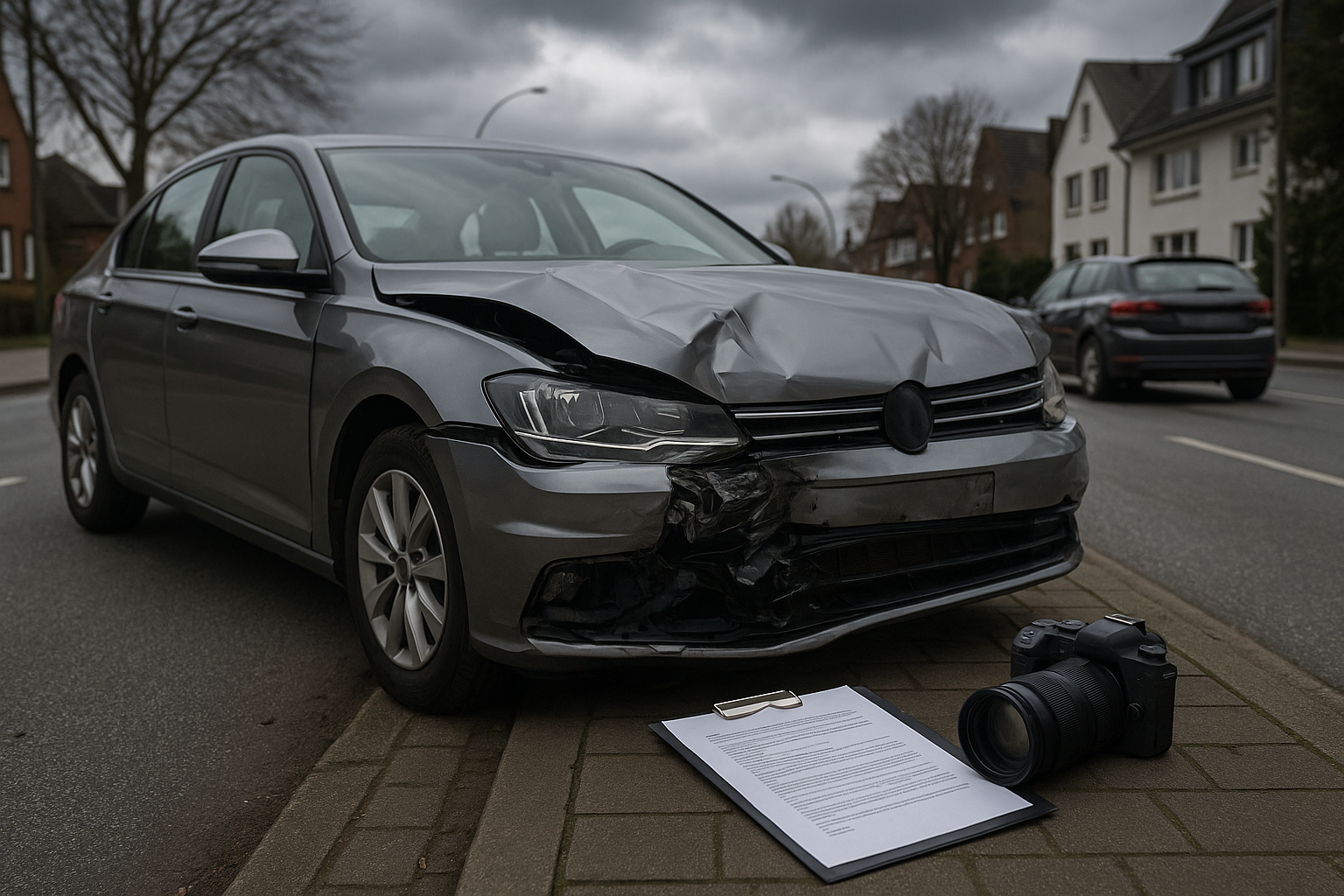 Ein Leasingfahrzeug nach einem Unfall auf einer Straße in Hamburg mit Dokumenten und Kamera daneben.