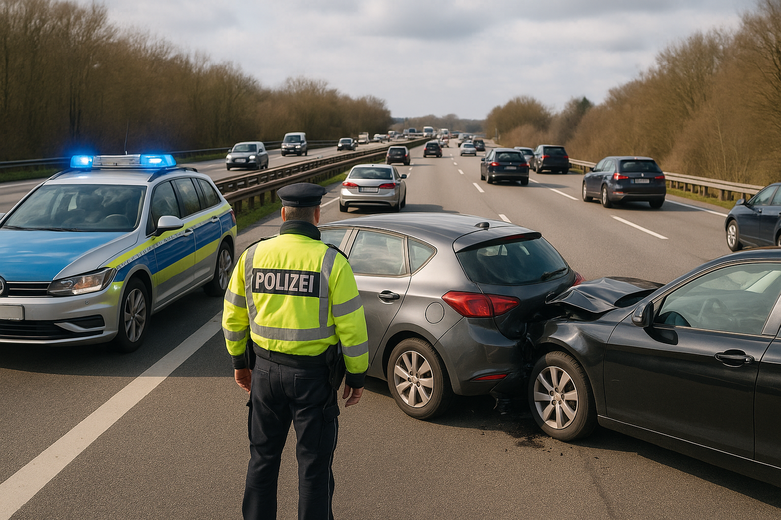 Verkehrsunfall auf der vielbefahrenen A23 bei Hamburg mit mehreren Fahrzeugen und Polizeiunterstützung.