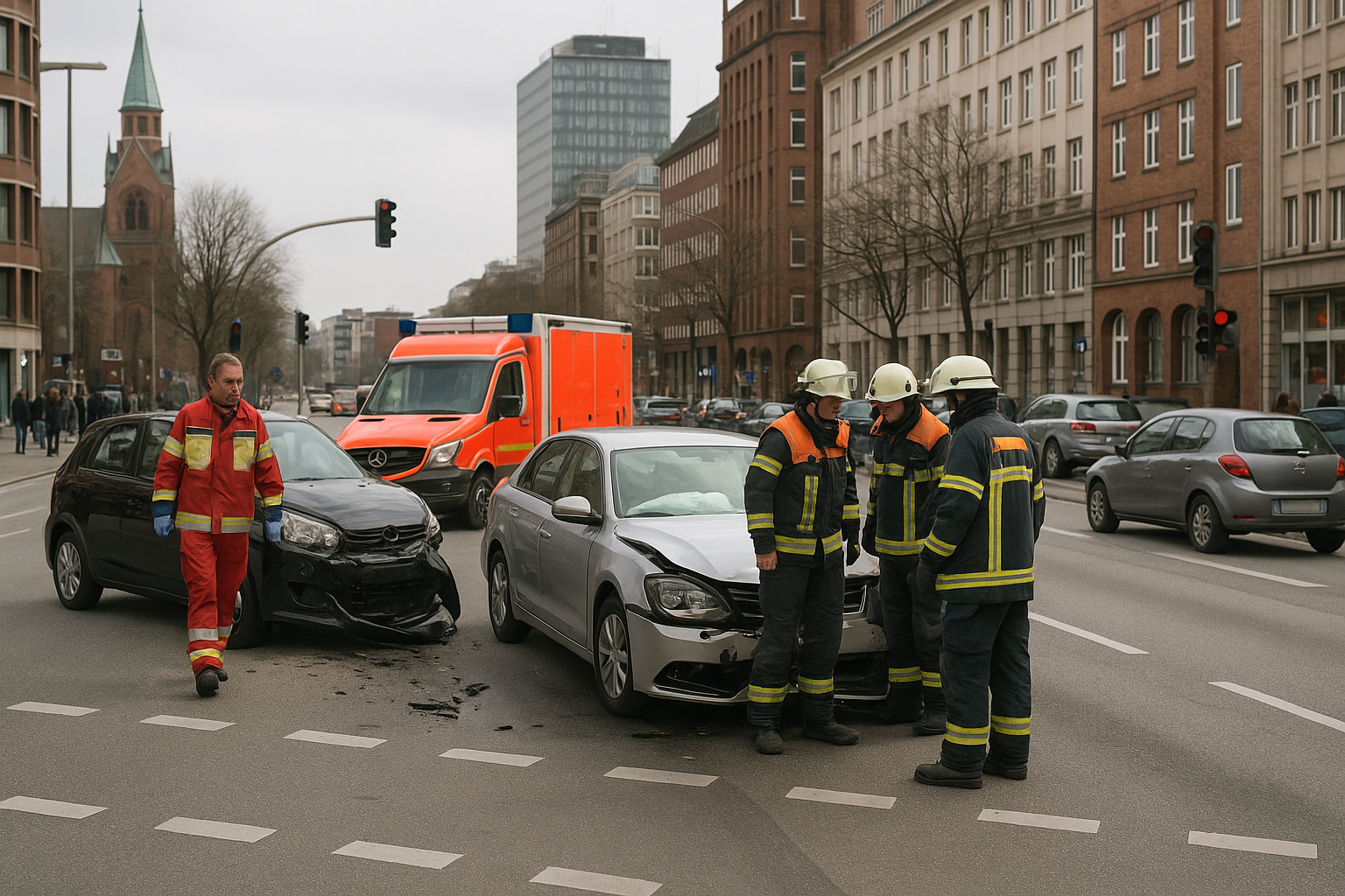 Ein Verkehrsunfall an einer belebten Kreuzung in Hamburg mit Rettungskräften, die bei der Unfallstelle arbeiten, und sichtbaren Fahrzeugschäden.