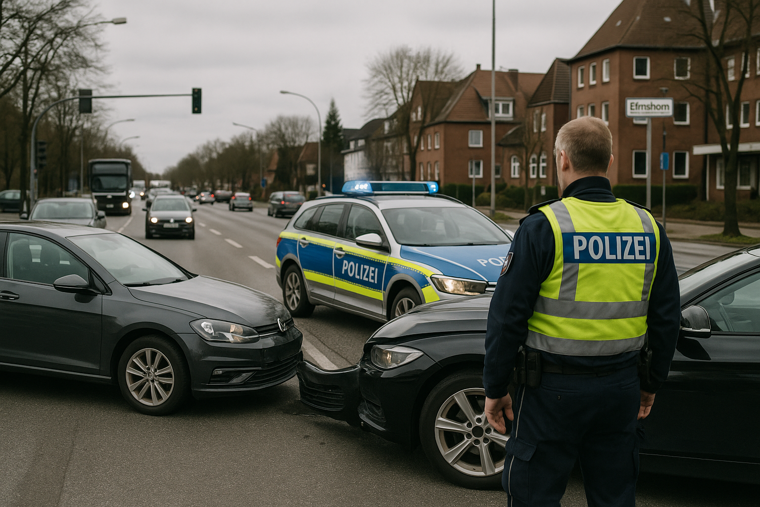 Verkehrsszene in Elmshorn mit einem leichten Unfall, Polizei sorgt für Sicherheit, typischer Himmel für Norddeutschland.