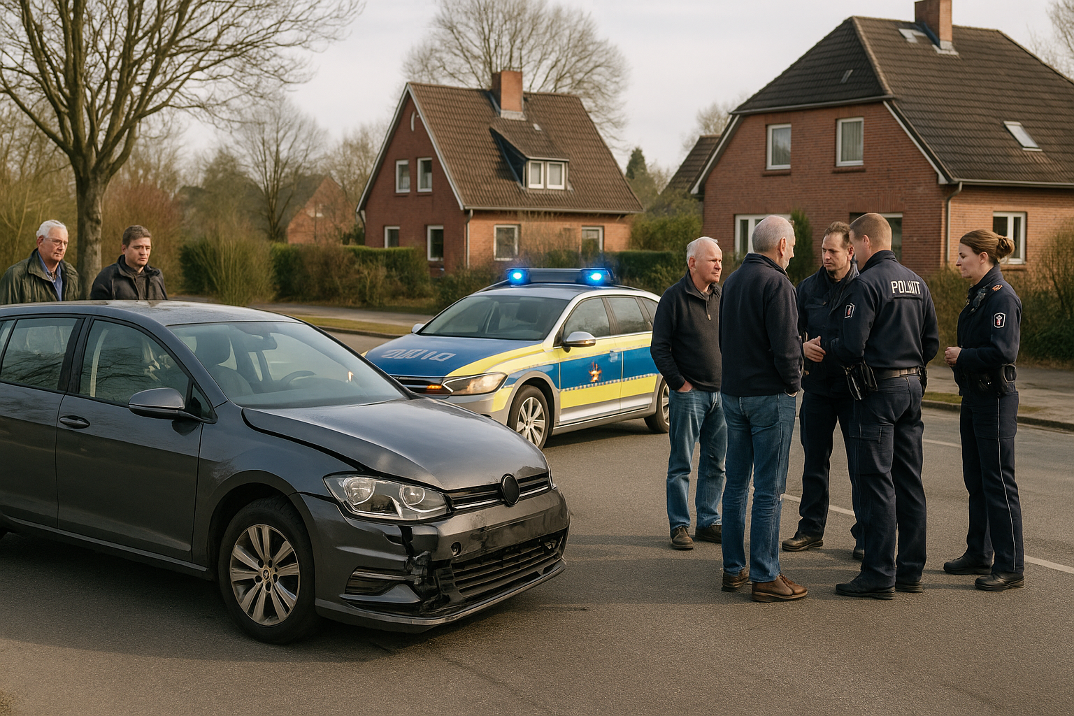 Zwei beschädigte Fahrzeuge an einer abgesicherten Unfallstelle; im Hintergrund steht ein Polizeifahrzeug.