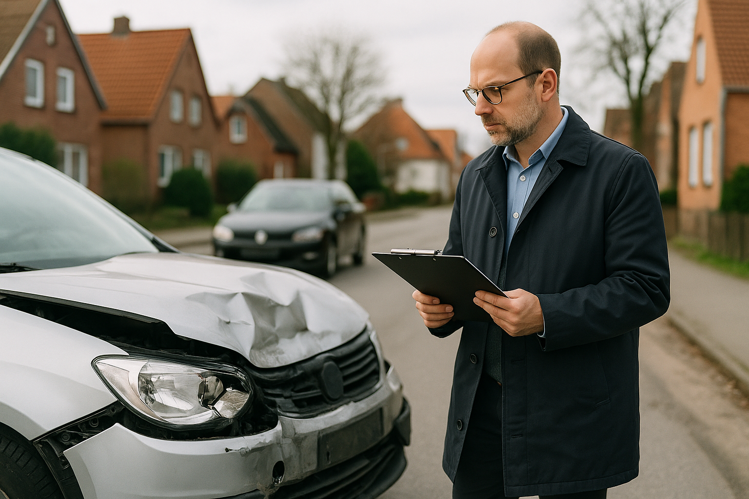 Ein Kfz-Sachverständiger begutachtet ein beschädigtes Auto an einem Unfallort in Norddeutschland mit einem Klemmbrett in der Hand.