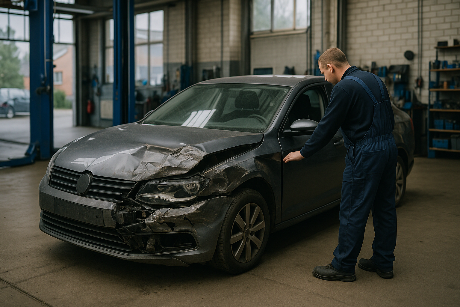 Ein Auto mit sichtbaren Schäden in einer Werkstatt, ein Mechaniker prüft es, typische norddeutsche Umgebung.