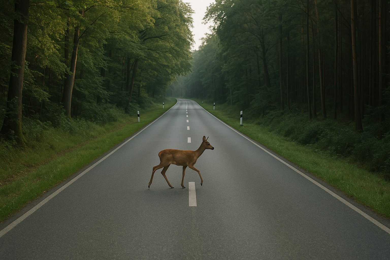 Beschädigte Fahrzeugfront nach Wildunfall auf einer Landstraße in Norddeutschland in der Dämmerung
